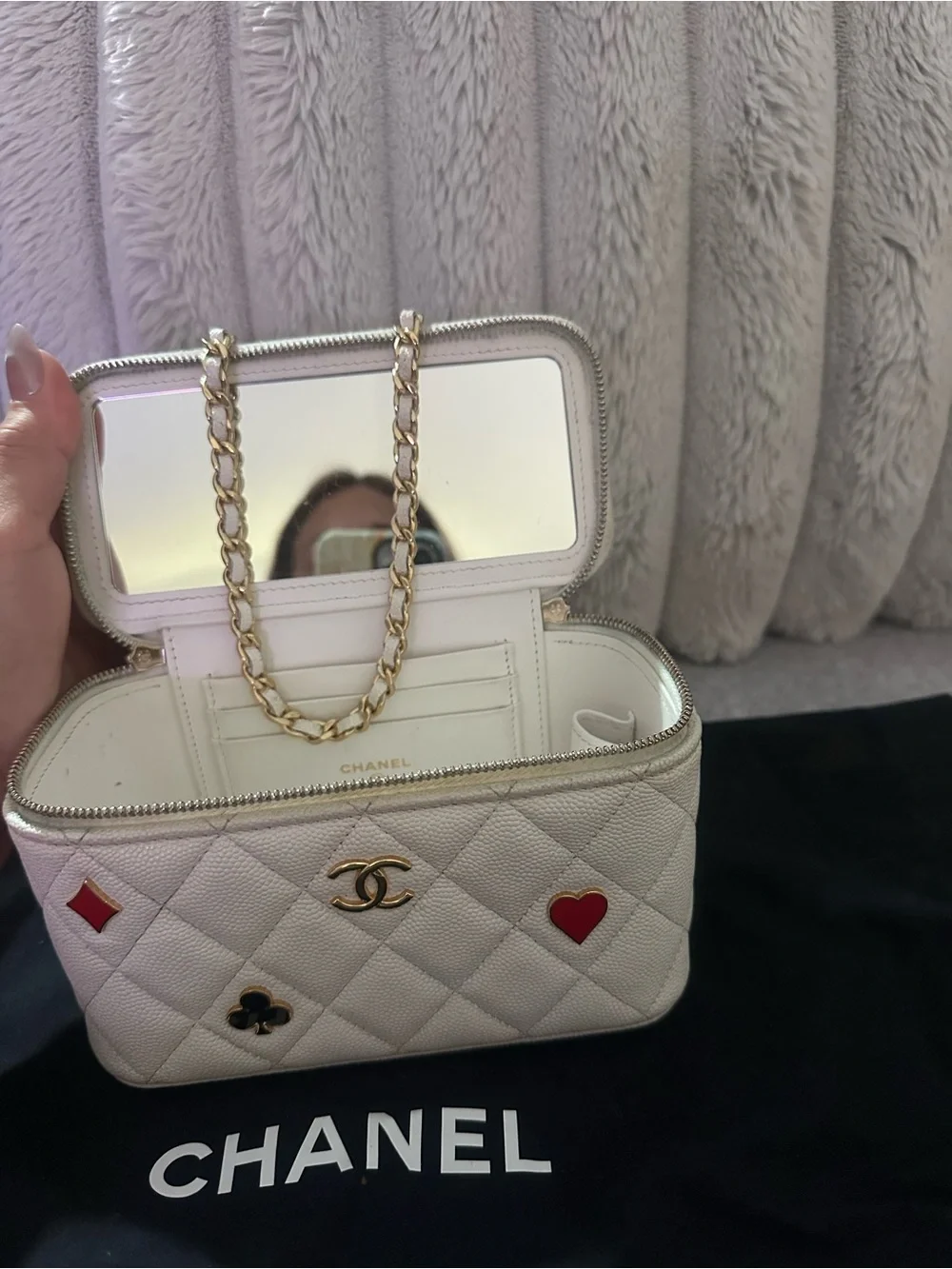 CHANEL White Quilted Vanity Bag with Gold Chain and Playing Card Motifs